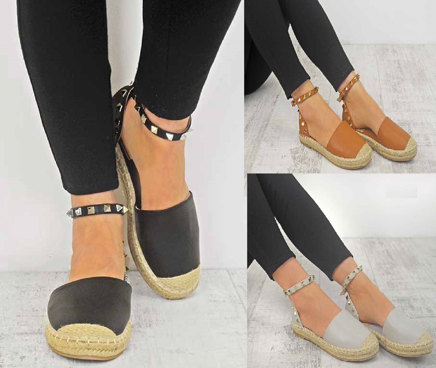 LADIES WOMENS ANKLE STRAP FLAT ANKLE SUMMER ESPADRILLES STUD SANDALS